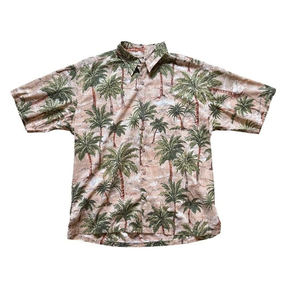 Men's Island Connection Medium Brown Hawaiian Shirt Palm Trees Cotton Surf Vacay